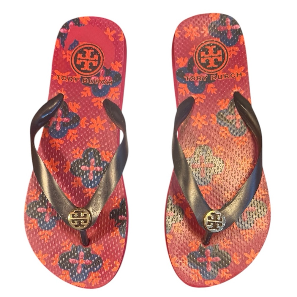 Tory Burch Red and Orange Floral Logo Flip Flops with Navy Straps Size 9